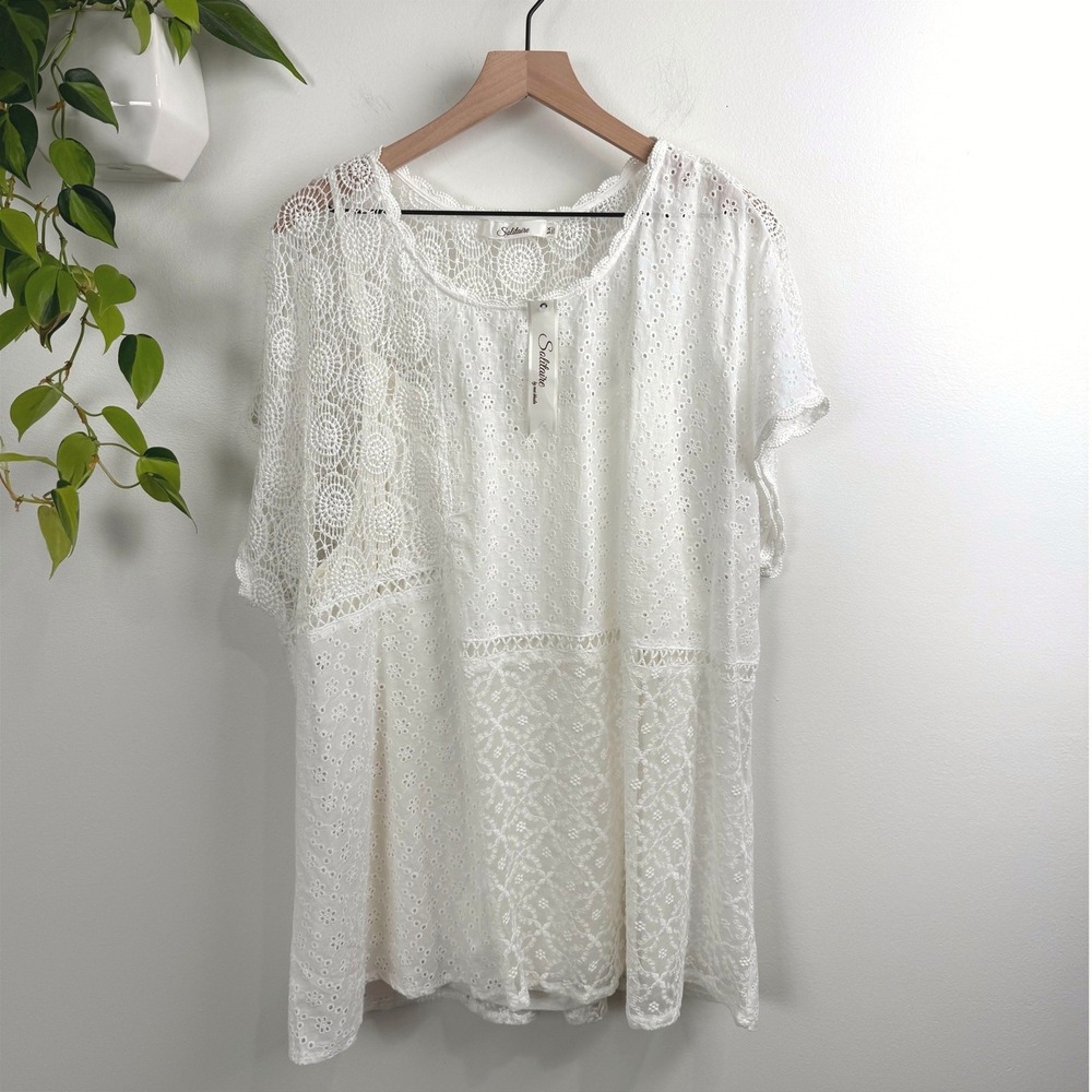 Solitaire White Eyelet Crochet Lace Tunic Top Blouse 3X Boho Feminine Resort
